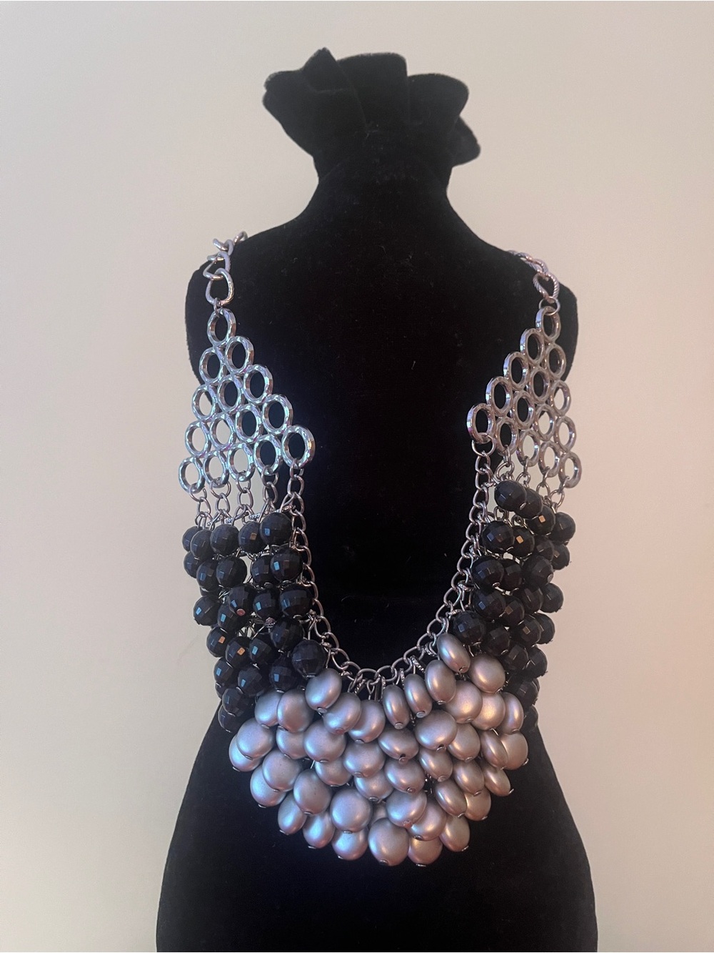 Chunky Silver Statement Bib Necklace with Black Beads